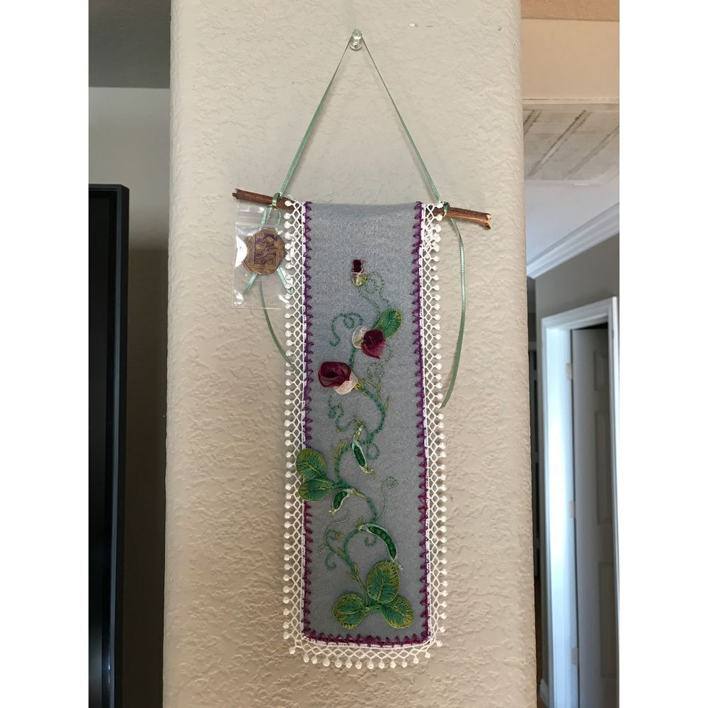 Garden embroidery fiber art beaded pea plant artwork Ooak felt Stumpwork USA
